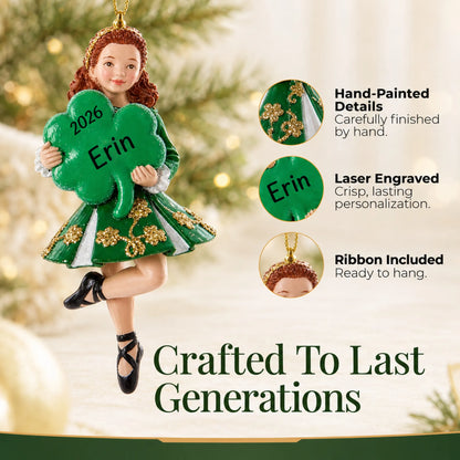 Hand-painted, laser engraved irish dancer holding shamrock christmas ornament, ribbon included