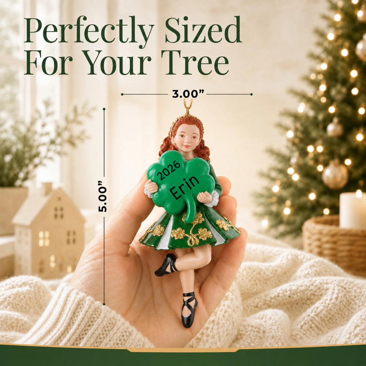 Size guide: the personalized irish dancer holding shamrock christmas ornament is 3.00 in wide by 5.00 in tall, shown in hand