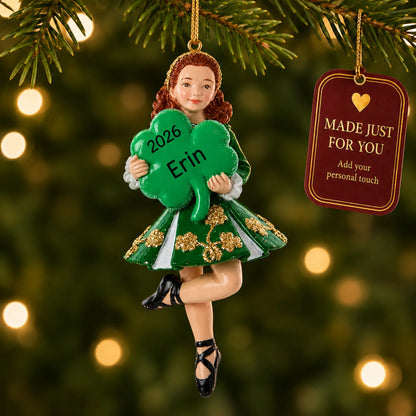 Irish dancer holding shamrock christmas ornament hanging on a lit Christmas tree with a Made Just For You gift tag