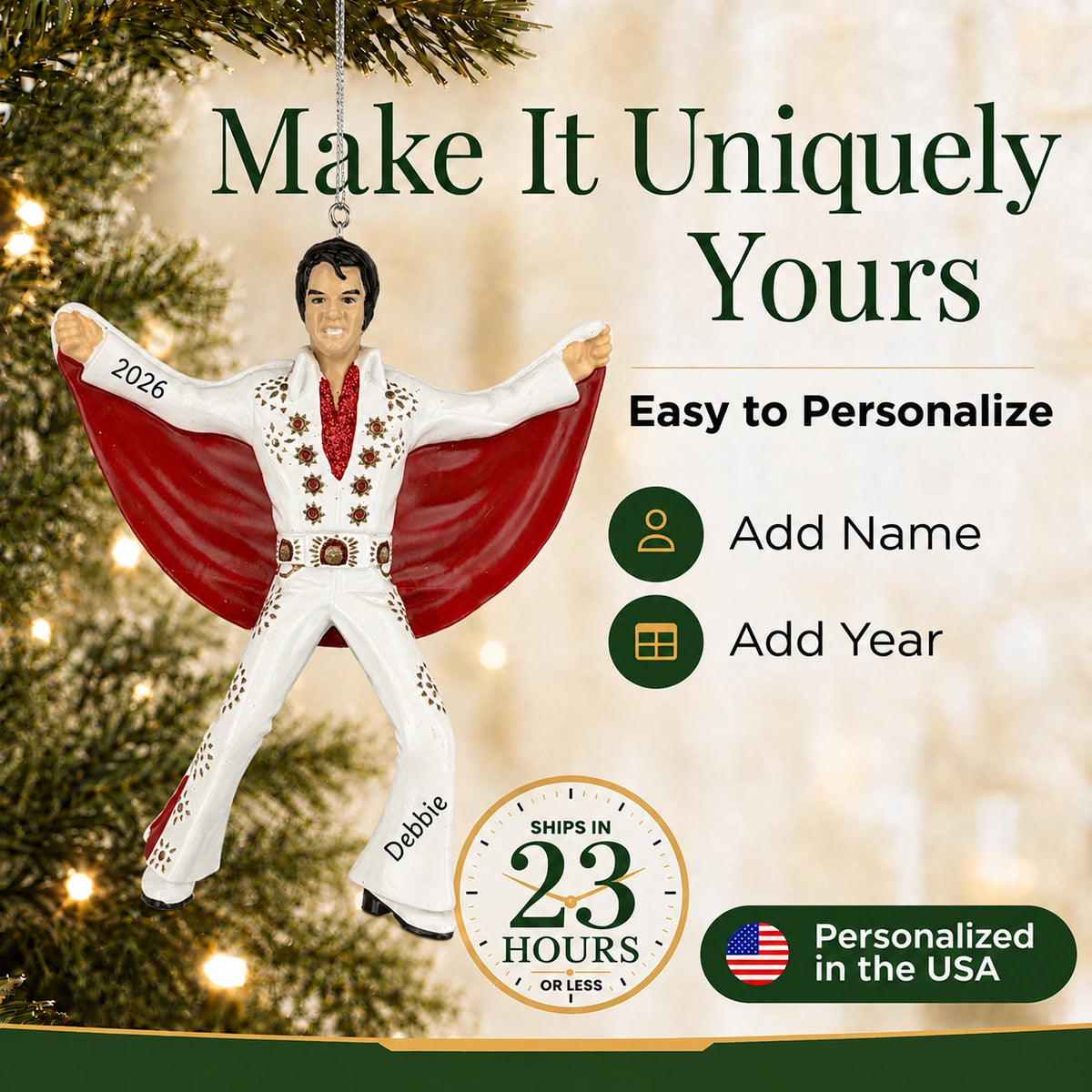 Personalized Elvis Presley Christmas ornament: add a name and year, ships in 23 hours, personalized in the USA