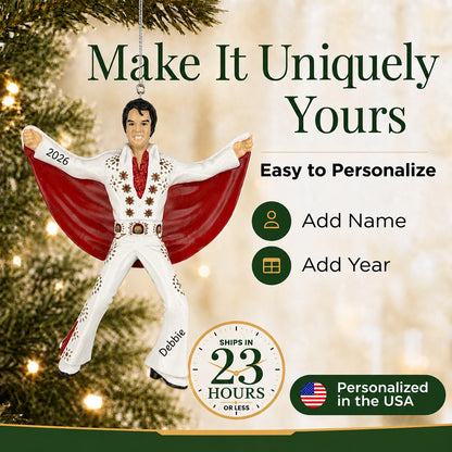 Personalized Elvis Presley Christmas ornament: add a name and year, ships in 23 hours, personalized in the USA