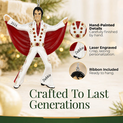 Personalized Elvis Presley Christmas ornament details: hand-painted finish, laser engraving, ribbon included