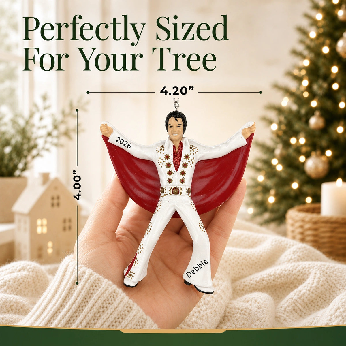 Personalized Elvis Presley Christmas ornament held in hand to show size, about 4.2 inches wide by 4 inches tall