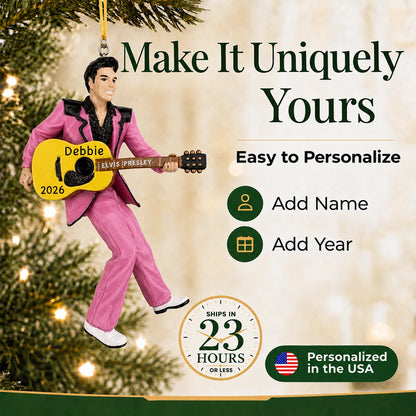 Personalized Elvis Presley guitar Christmas ornament: add a name and year, ships in 23 hours, personalized in the USA