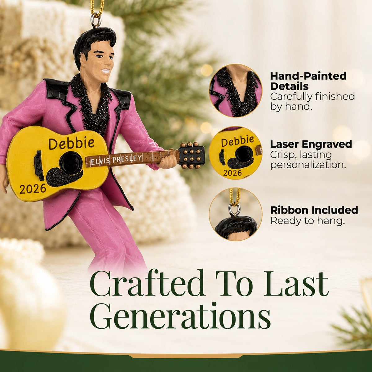Personalized Elvis Presley guitar Christmas ornament details: hand-painted finish, laser engraving, ribbon included
