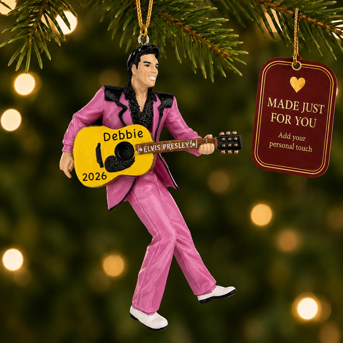 Personalized Elvis Presley guitar Christmas ornament hanging on a lit Christmas tree beside a Made Just For You gift tag
