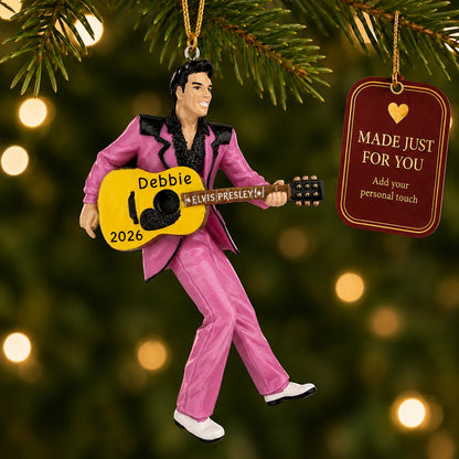 Personalized Elvis Presley guitar Christmas ornament hanging on a lit Christmas tree beside a Made Just For You gift tag