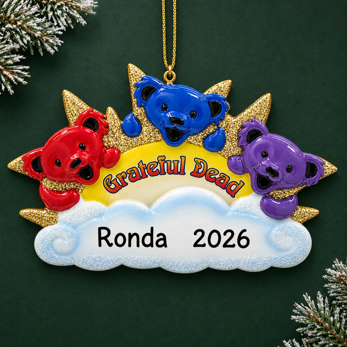 Personalized dancing bears christmas ornament on a dark green pine background