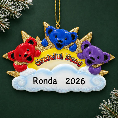 Personalized dancing bears christmas ornament on a dark green pine background