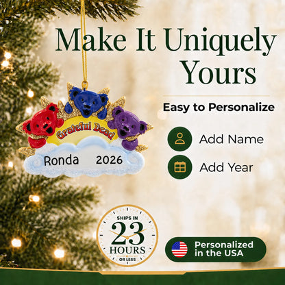 Make it yours: add name and year to the personalized dancing bears christmas ornament