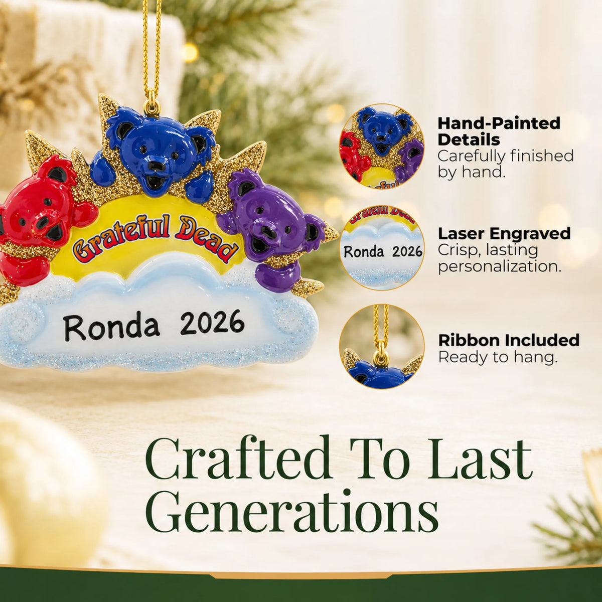 Hand-painted details and laser engraved personalization on the dancing bears christmas ornament, ribbon included