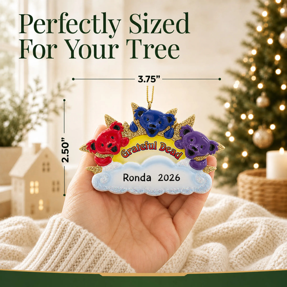 Size guide: the personalized dancing bears christmas ornament is 3.75 in wide by 2.50 in tall, shown in hand