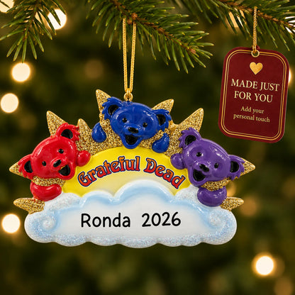 Dancing bears christmas ornament hanging on a lit Christmas tree with a Made Just For You gift tag