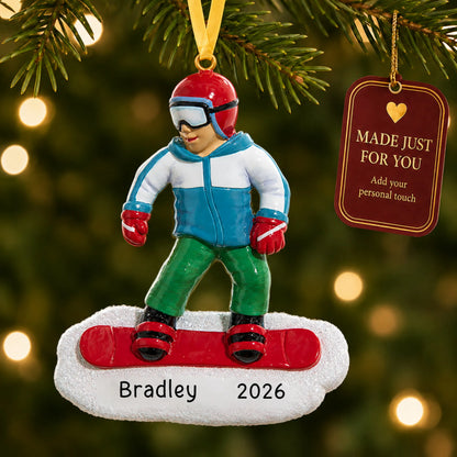 Snowboarding guy christmas ornament hanging on a lit Christmas tree with a Made Just For You gift tag
