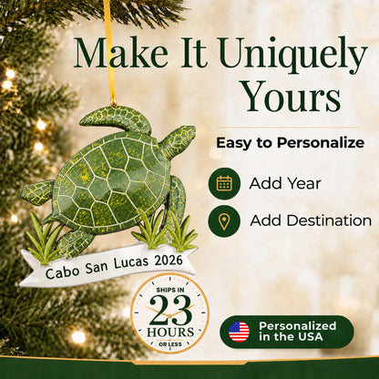 Make it yours: add a name and year to the personalized sea turtle christmas ornament
