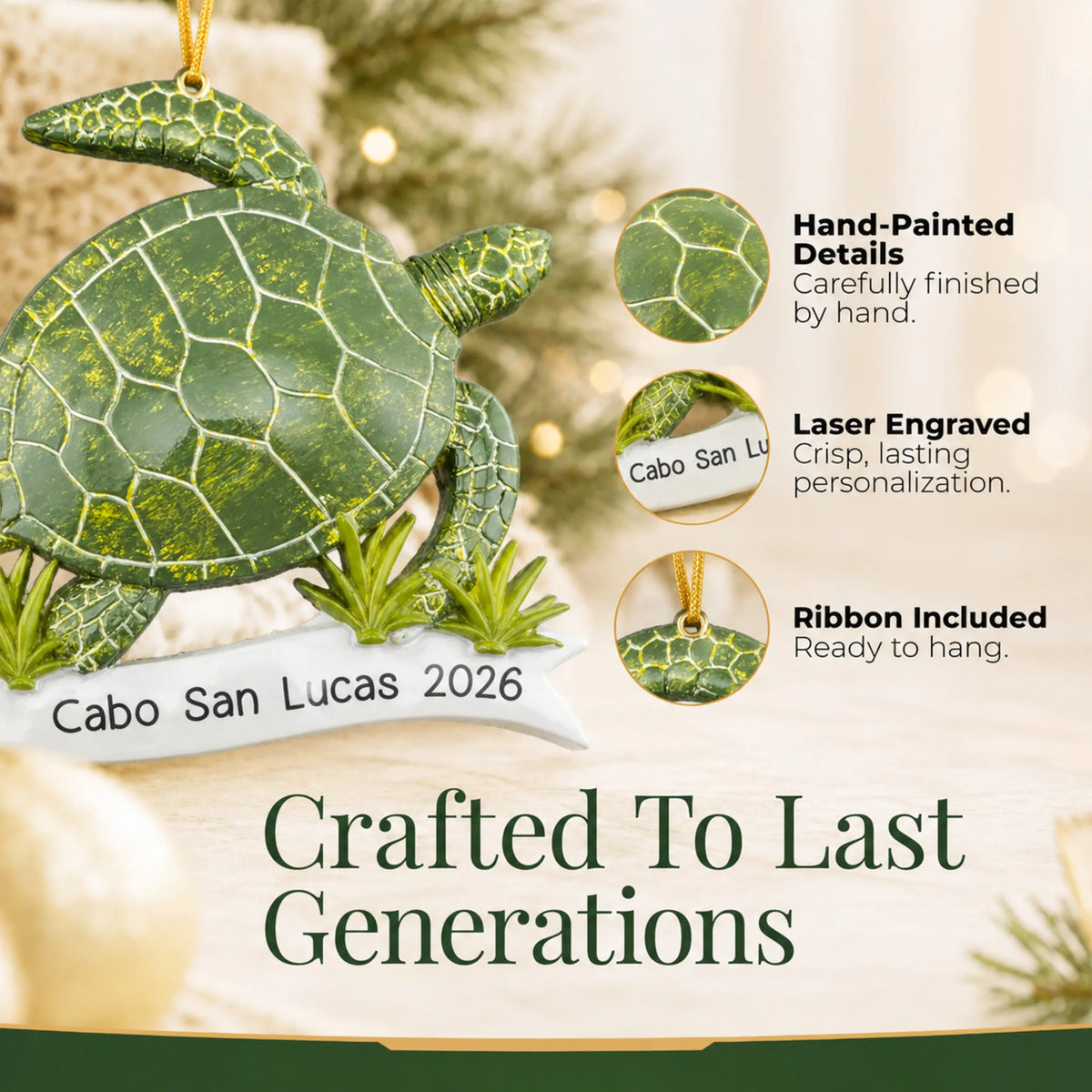 Hand-painted details and laser engraved personalization on the sea turtle christmas ornament, ribbon included