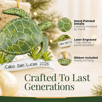 Hand-painted details and laser engraved personalization on the sea turtle christmas ornament, ribbon included
