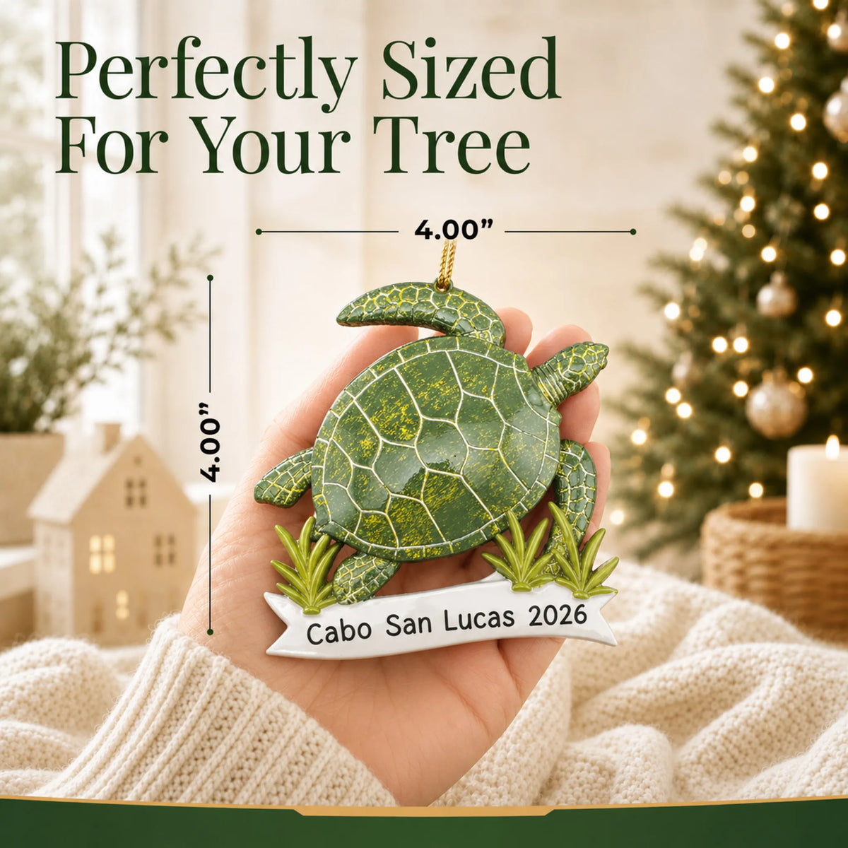 Size guide: the personalized sea turtle christmas ornament is 4.00 in wide by 4.00 in tall, shown in hand