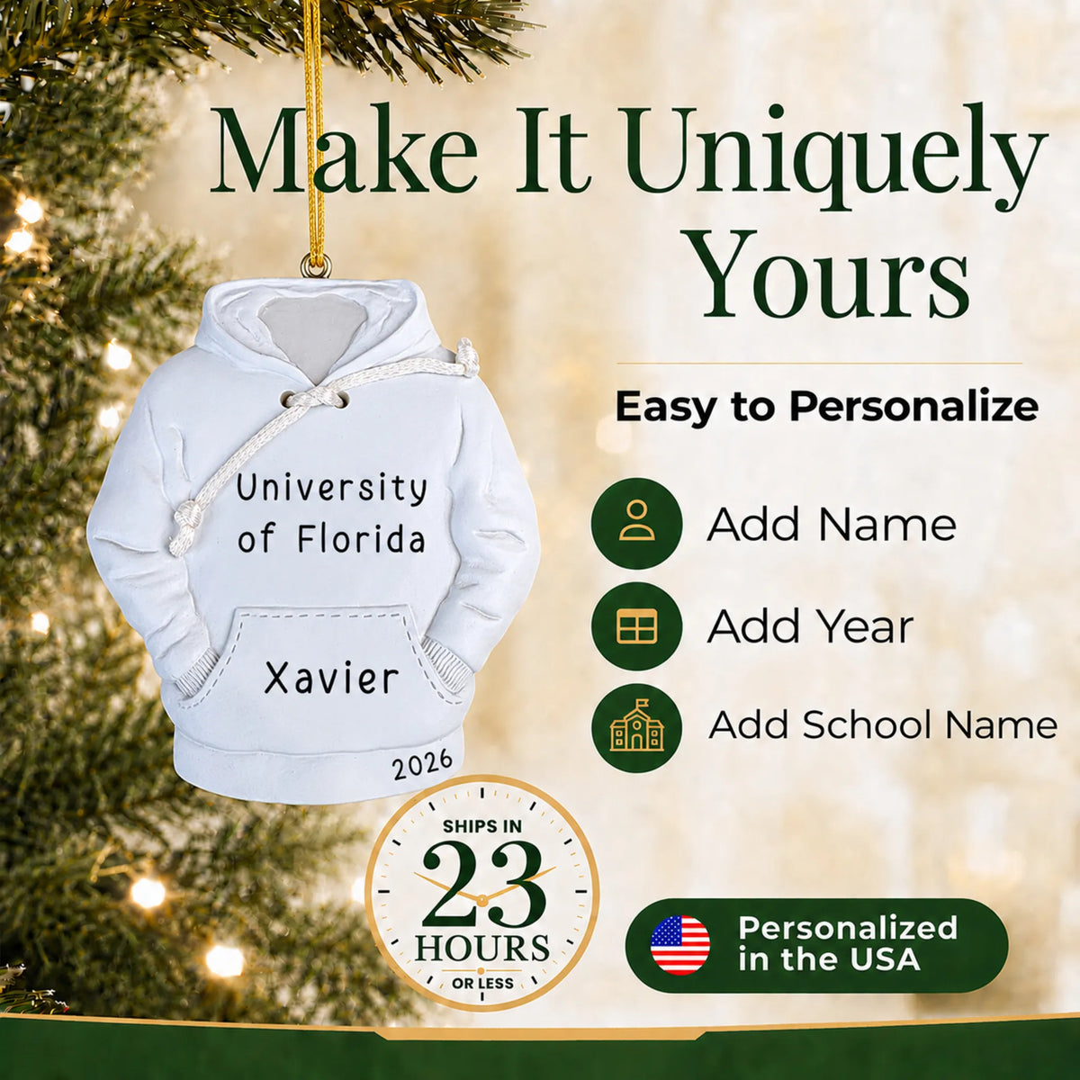 Personalize the college hoodie Christmas ornament with your details, ships in 23 hours, personalized in the USA
