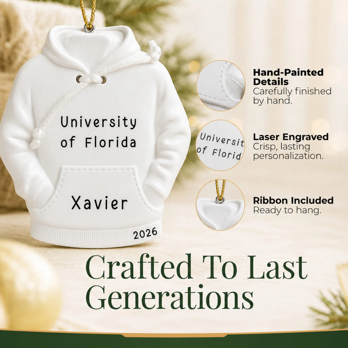 Close-up of the college hoodie Christmas ornament: hand-painted finish, laser engraving, ribbon included
