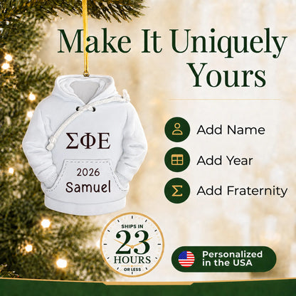 Personalize the fraternity hoodie Christmas ornament with your details, ships in 23 hours, personalized in the USA