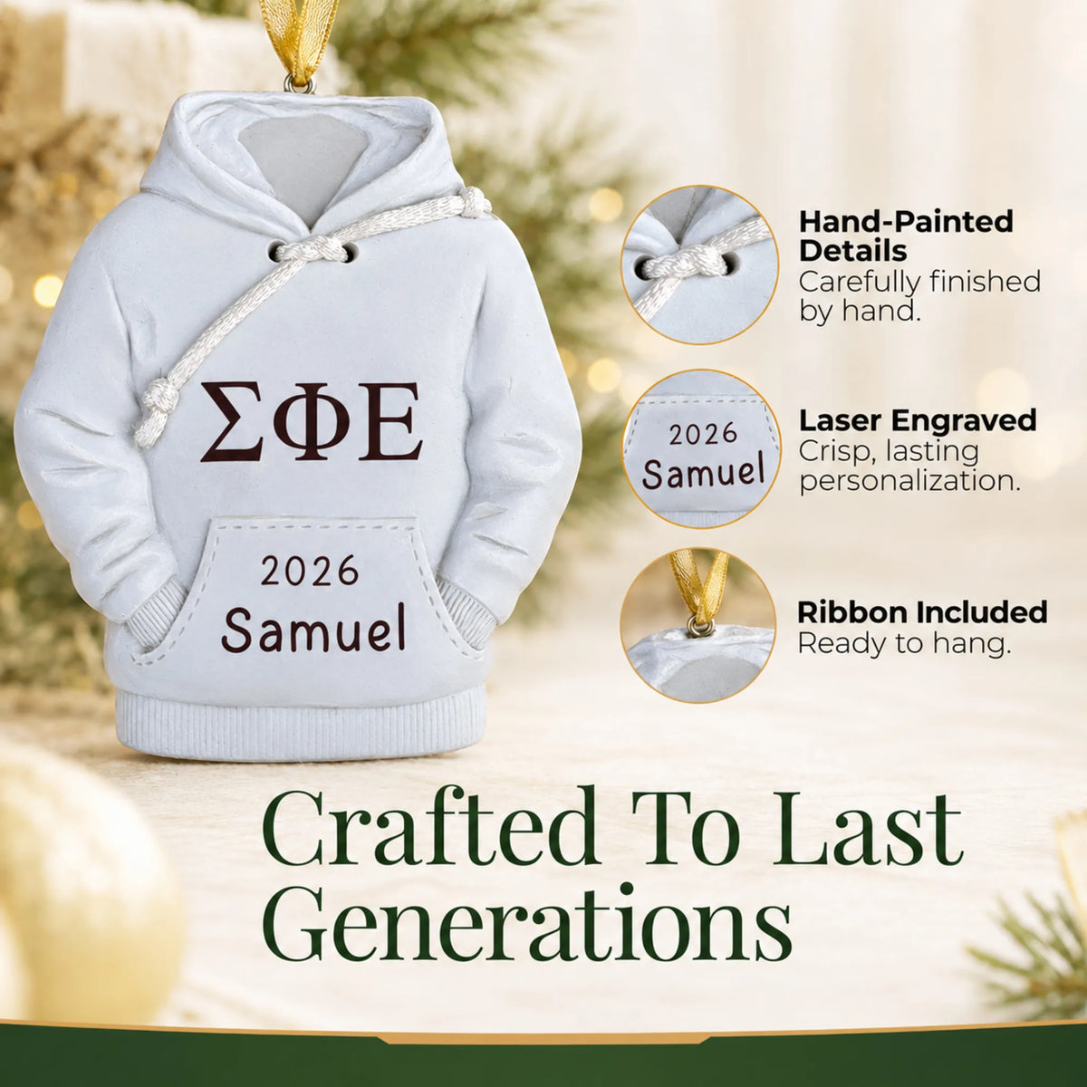 Close-up of the fraternity hoodie Christmas ornament: hand-painted finish, laser engraving, ribbon included