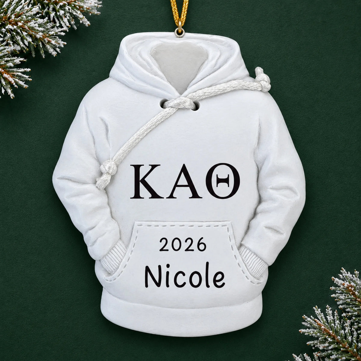 Personalized Sorority Hoodie christmas ornament on a dark green pine background