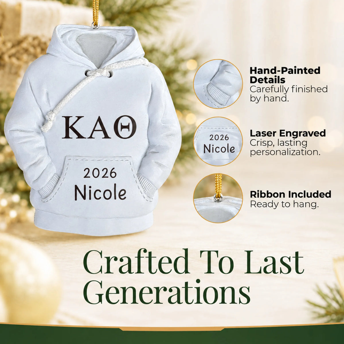 Hand-painted details and laser engraved personalization on the Sorority Hoodie christmas ornament, ribbon included