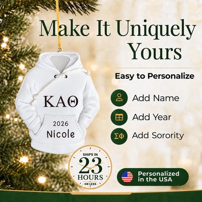 Personalize the sorority hoodie Christmas ornament with your details, ships in 23 hours, personalized in the USA