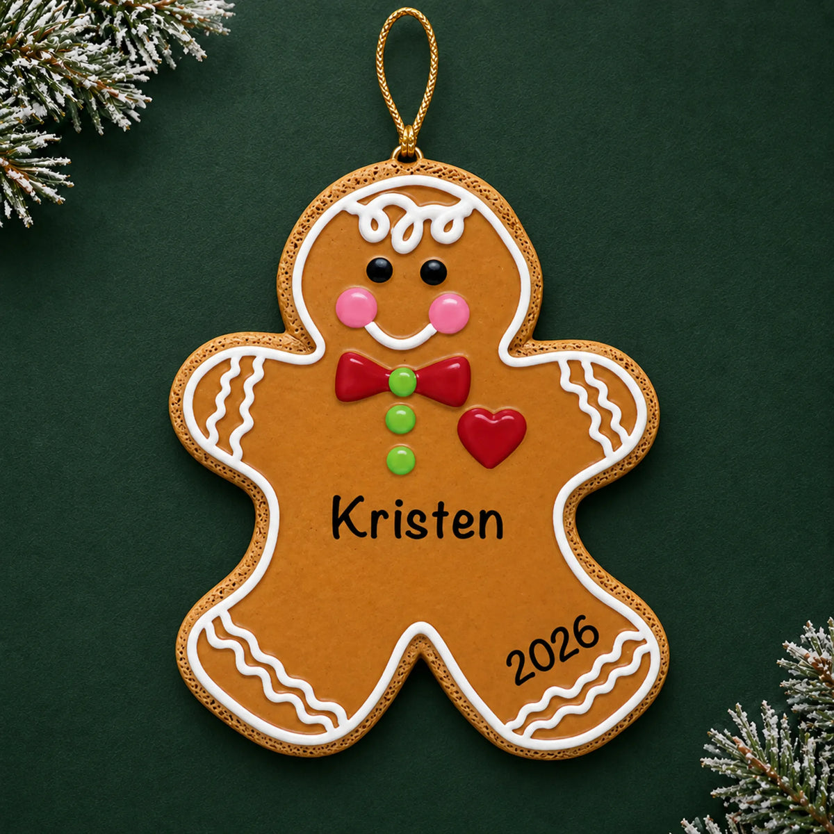 Personalized Gingerbread Man christmas ornament on a dark green pine background