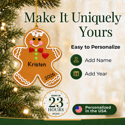 Make it yours: personalize the Gingerbread Man christmas ornament with a name and the year