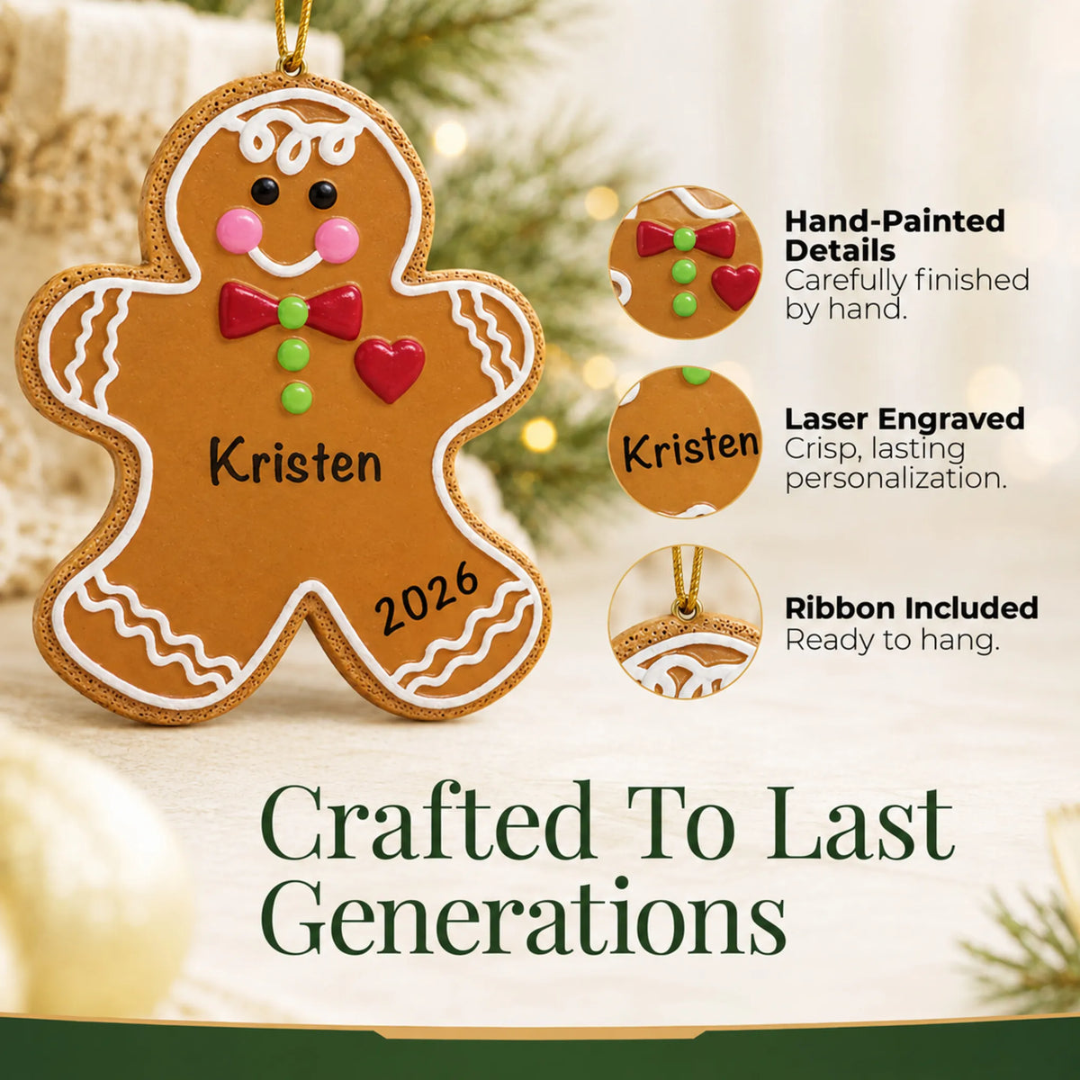 Hand-painted, laser engraved Gingerbread Man christmas ornament, ribbon included