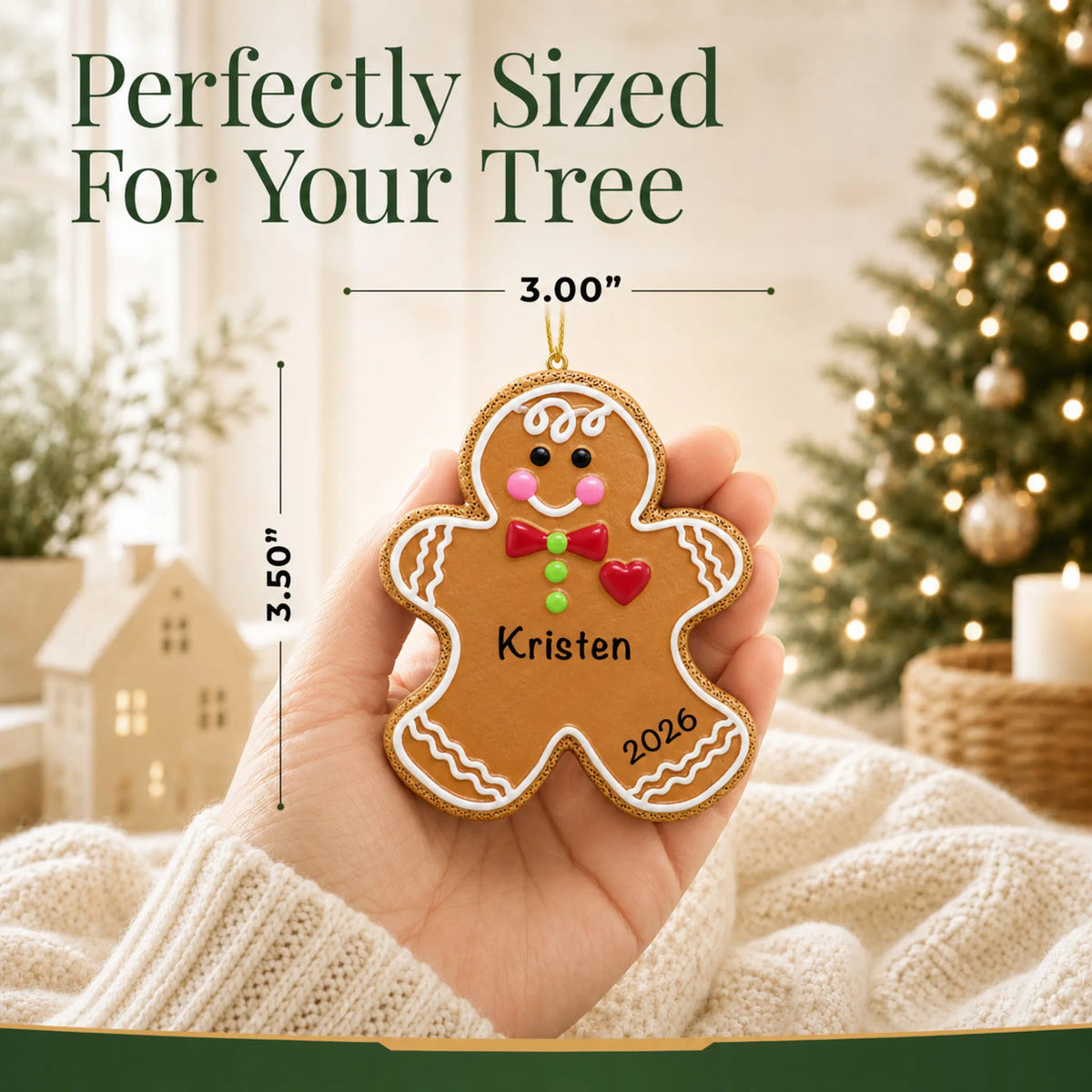 Size guide: the personalized Gingerbread Man christmas ornament is 3.00 in wide by 3.50 in tall, shown in hand
