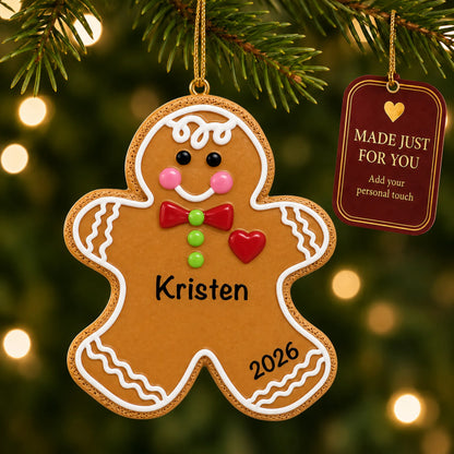 Gingerbread Man christmas ornament hanging on a lit Christmas tree with a Made Just For You gift tag