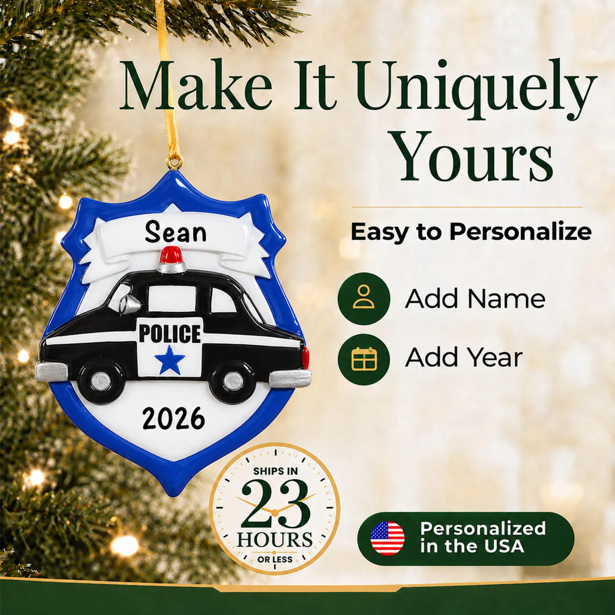 Make it yours: add name and year to the personalized police badge emblem christmas ornament