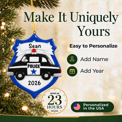 Make it yours: add name and year to the personalized police badge emblem christmas ornament