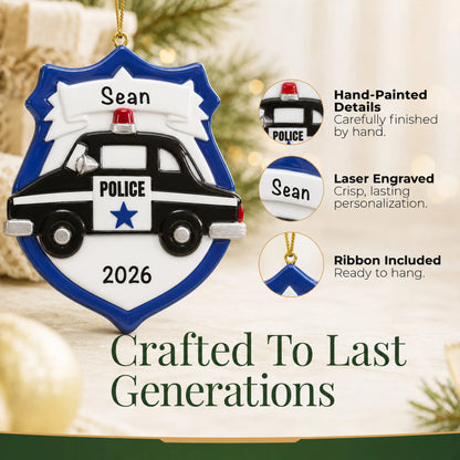 Hand-painted details and laser engraved personalization on the police badge emblem christmas ornament, ribbon included