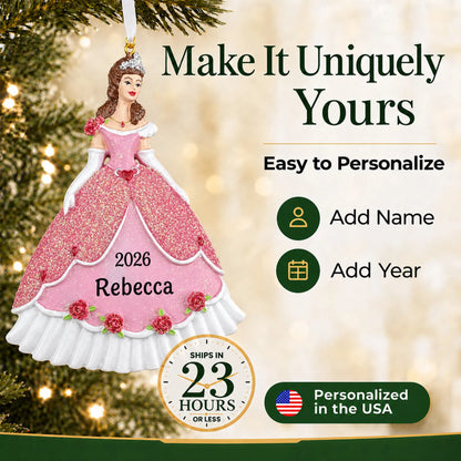 Make it yours: add name and year to the personalized princess pink dress christmas ornament