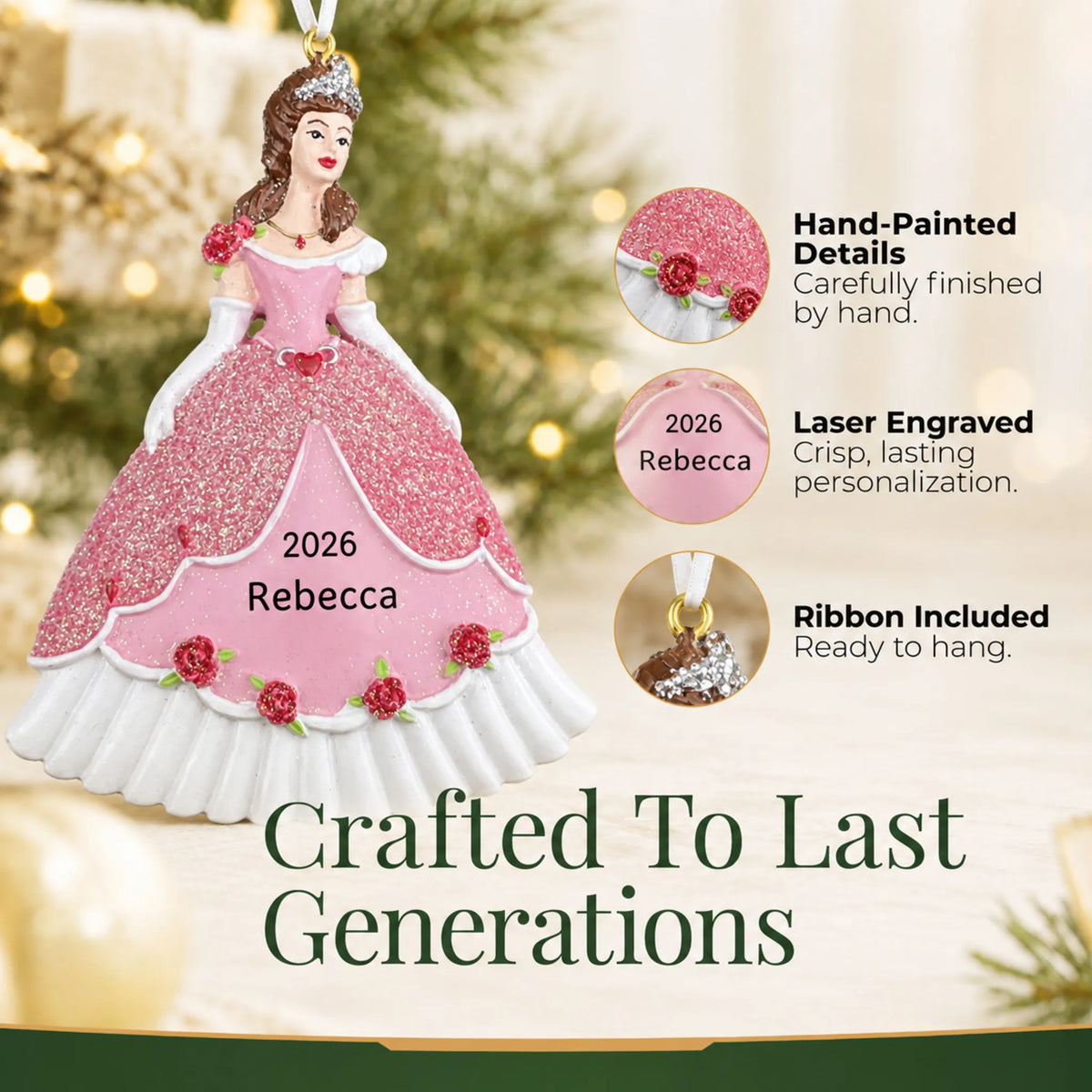 Hand-painted details and laser engraved personalization on the princess pink dress christmas ornament, ribbon included