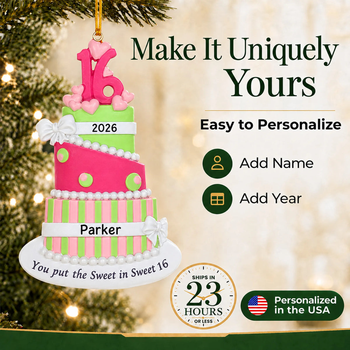 Make it yours: add name and year to the personalized sweet 16 birthday cake christmas ornament