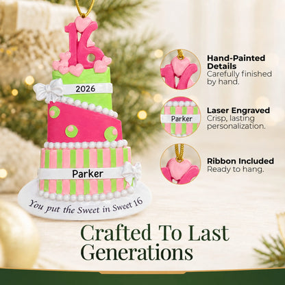 Hand-painted details and laser engraved personalization on the sweet 16 birthday cake christmas ornament, ribbon included