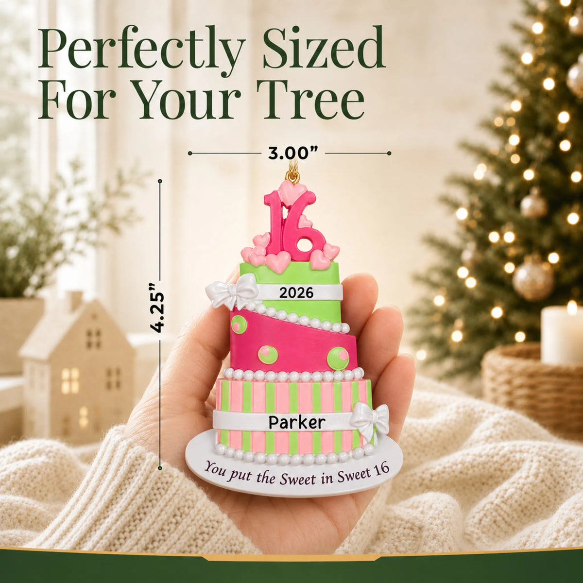 Size guide: the personalized sweet 16 birthday cake christmas ornament is 3.00 in wide by 4.25 in tall, shown in hand