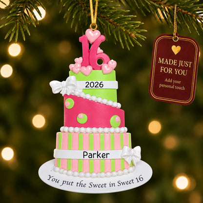 Sweet 16 birthday cake christmas ornament hanging on a lit Christmas tree with a Made Just For You gift tag