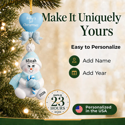 Make it yours: add name and year to the personalized blue baby's 1st christmas candy cane snowbaby ornament