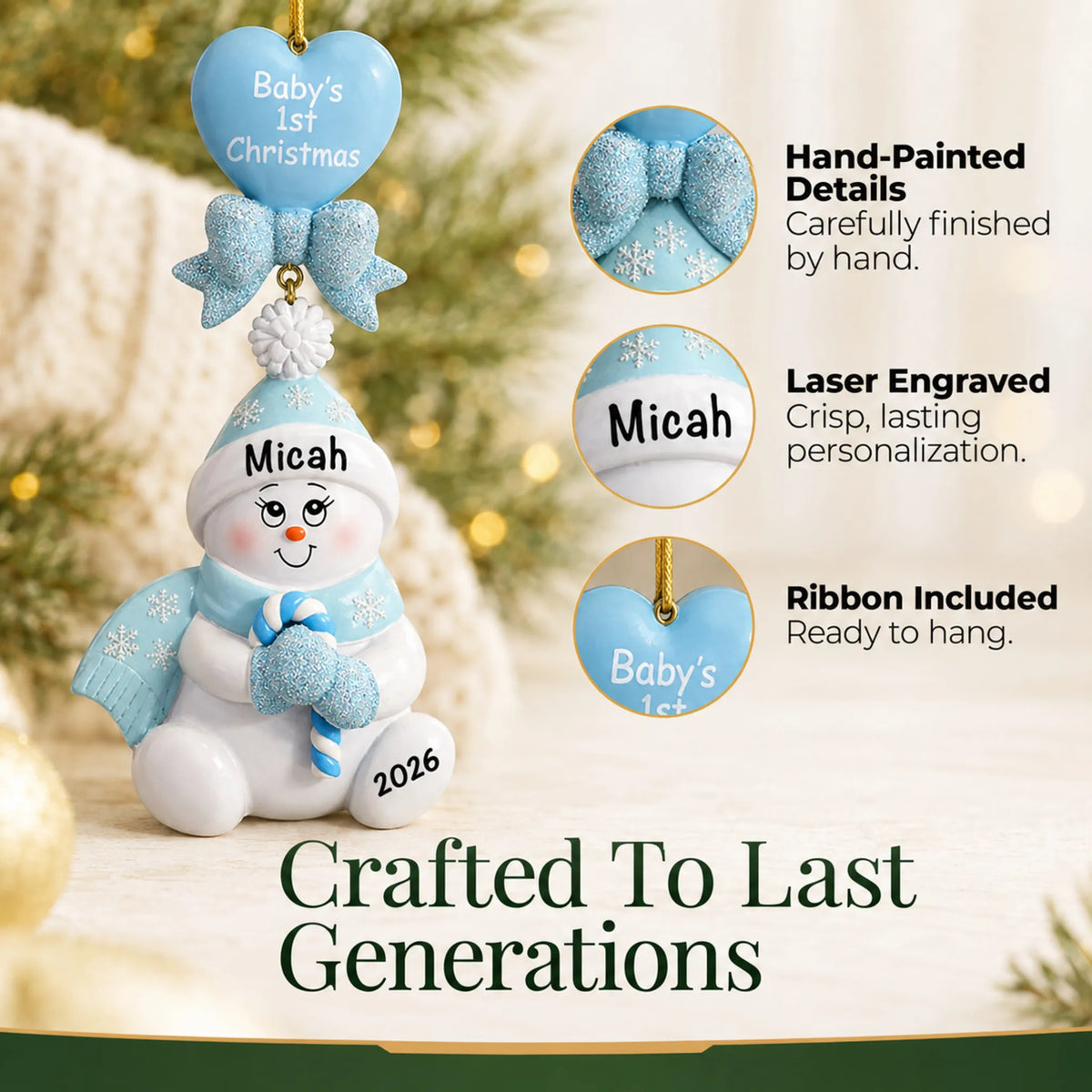 Hand-painted, laser engraved blue baby's 1st christmas candy cane snowbaby ornament, ribbon included