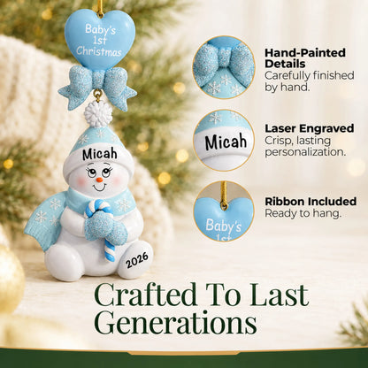 Hand-painted, laser engraved blue baby's 1st christmas candy cane snowbaby ornament, ribbon included