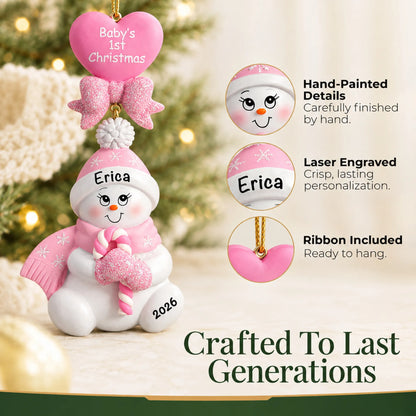Hand-painted, laser engraved pink baby's 1st christmas candy cane snowbaby ornament, ribbon included