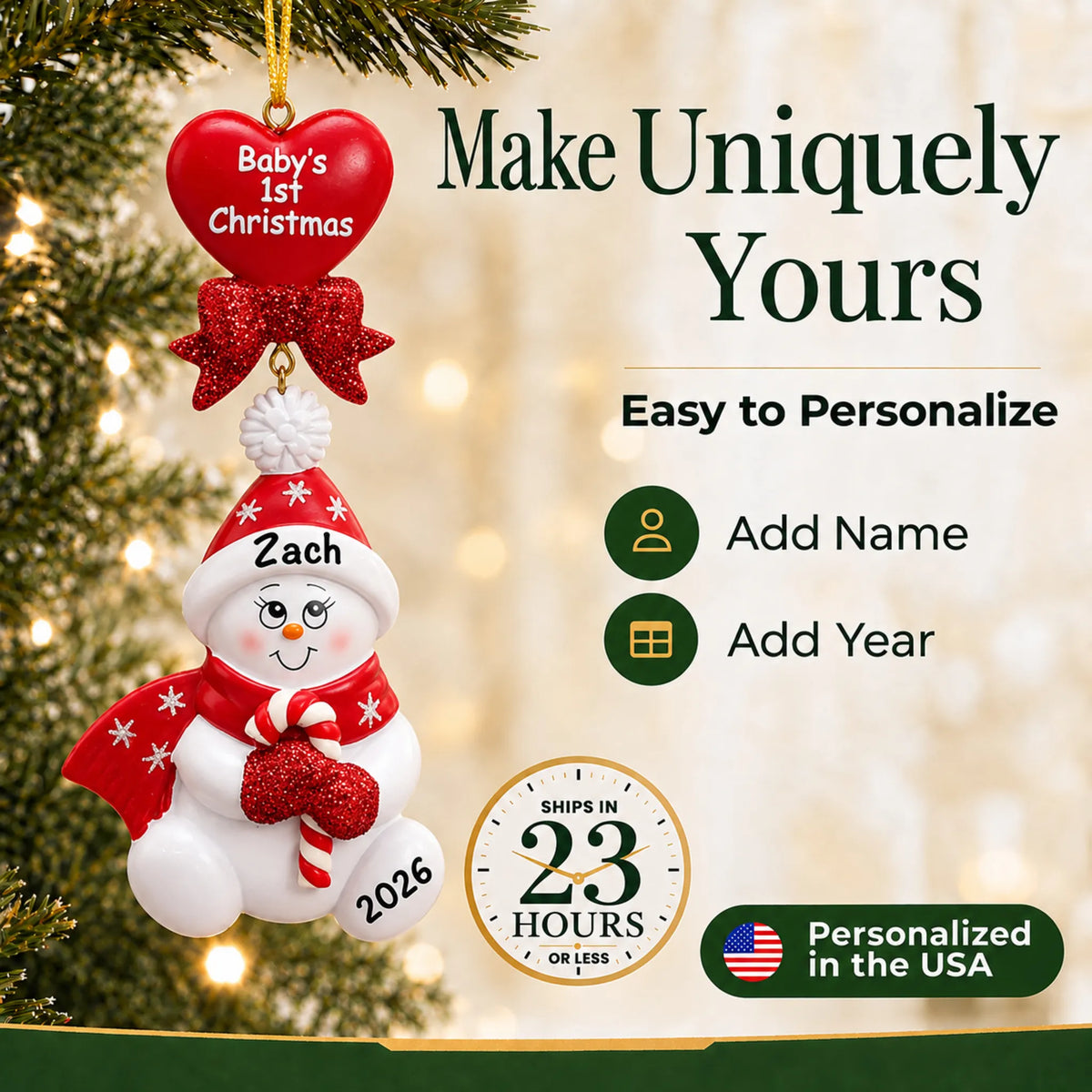 Make it yours: add name and year to the personalized red baby's 1st christmas candy cane snowbaby ornament