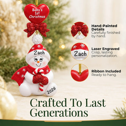 Hand-painted, laser engraved red baby's 1st christmas candy cane snowbaby ornament, ribbon included