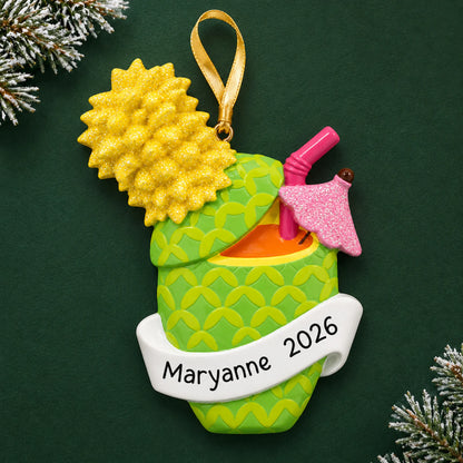 Personalized Pineapple Cocktail christmas ornament on a dark green pine background